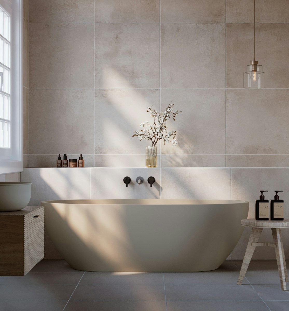 A luxurious bathroom with a freestanding bathtub.